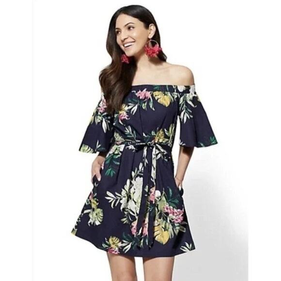 New York & Company Dresses & Skirts - New York & Company Navy Floral Off the Shoulder Trapeze Shift Mini Dress Belted